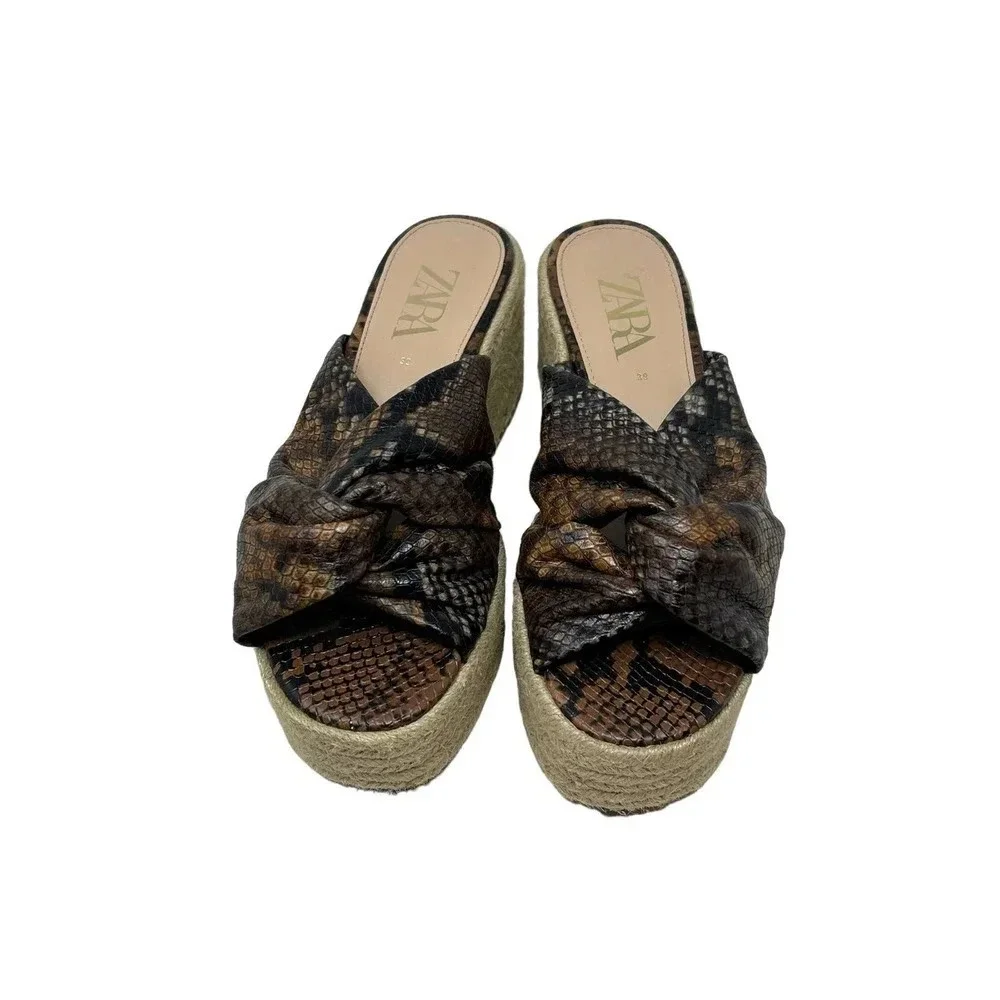 Zara Brown Snakeskin Jute Espadrille Platform Slide Sandals Size 39 /‎ US 8.5